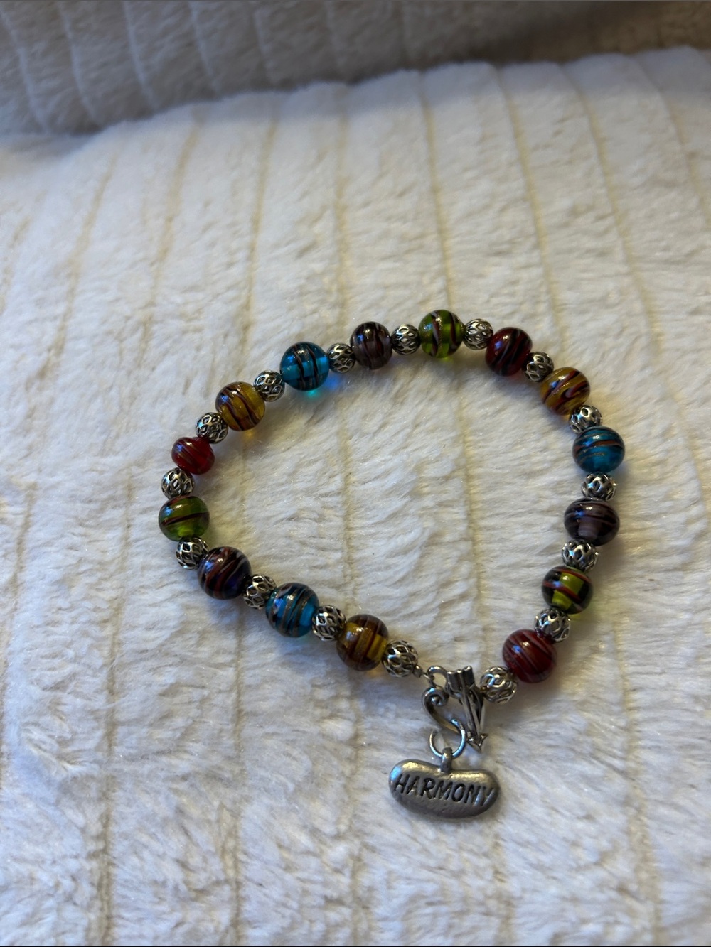 Harmony Multicolor Glass Bead Bracelet with Silver Tone Charm
